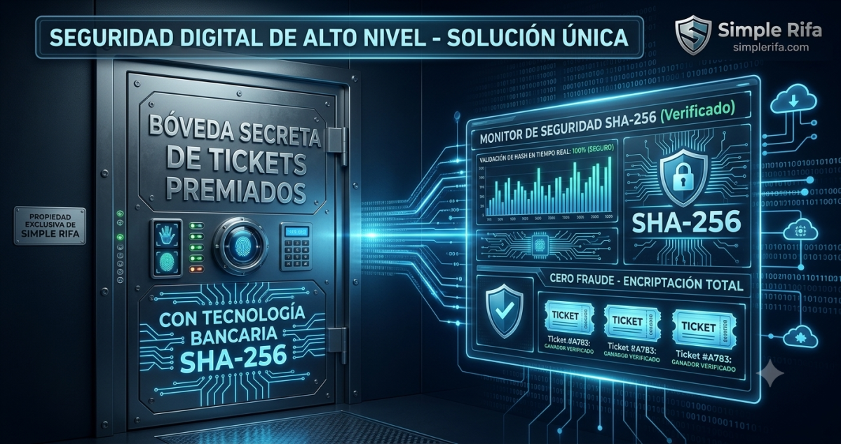 bóveda secreta SHA-256 de Simple Rifa mostrando premios ocultos en tickets